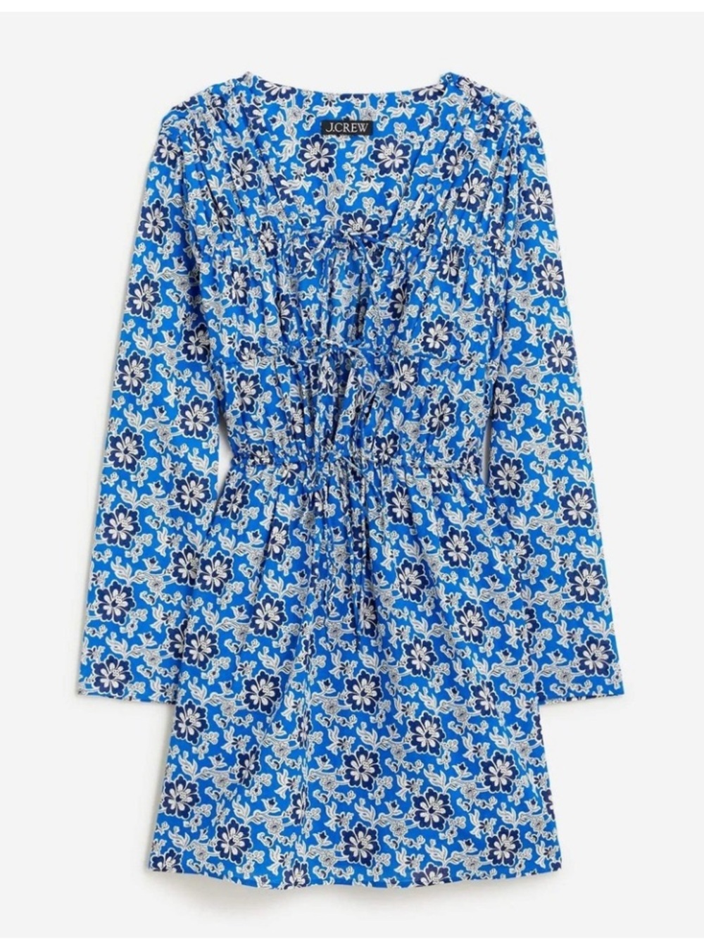 J. Crew Dress Floral Print Smocked Waist V-Neck Long Sleeve Mini XL Blue Summer